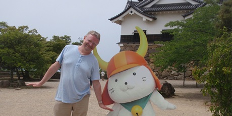 Hikone-jo Castle, Per Christian, and "Hikonyan" (a mascot of the castle's 400th anniversary).