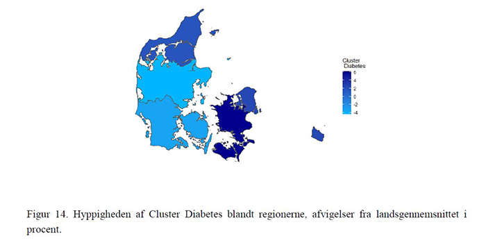 Rapporten: Multisygdom i Danmark - Sygdomsclustre og social ulighed  Videns- og forskningscenter for multisygdom og kronisk sygdom, 2022. Cluster Diabetes er overrepræsenteret i Region Sjælland, Region Hovedstaden og marginalt i Region Nordjylland. Det giver en klar geografisk separation mellem øst og vest, som afbildet i Figur 14.